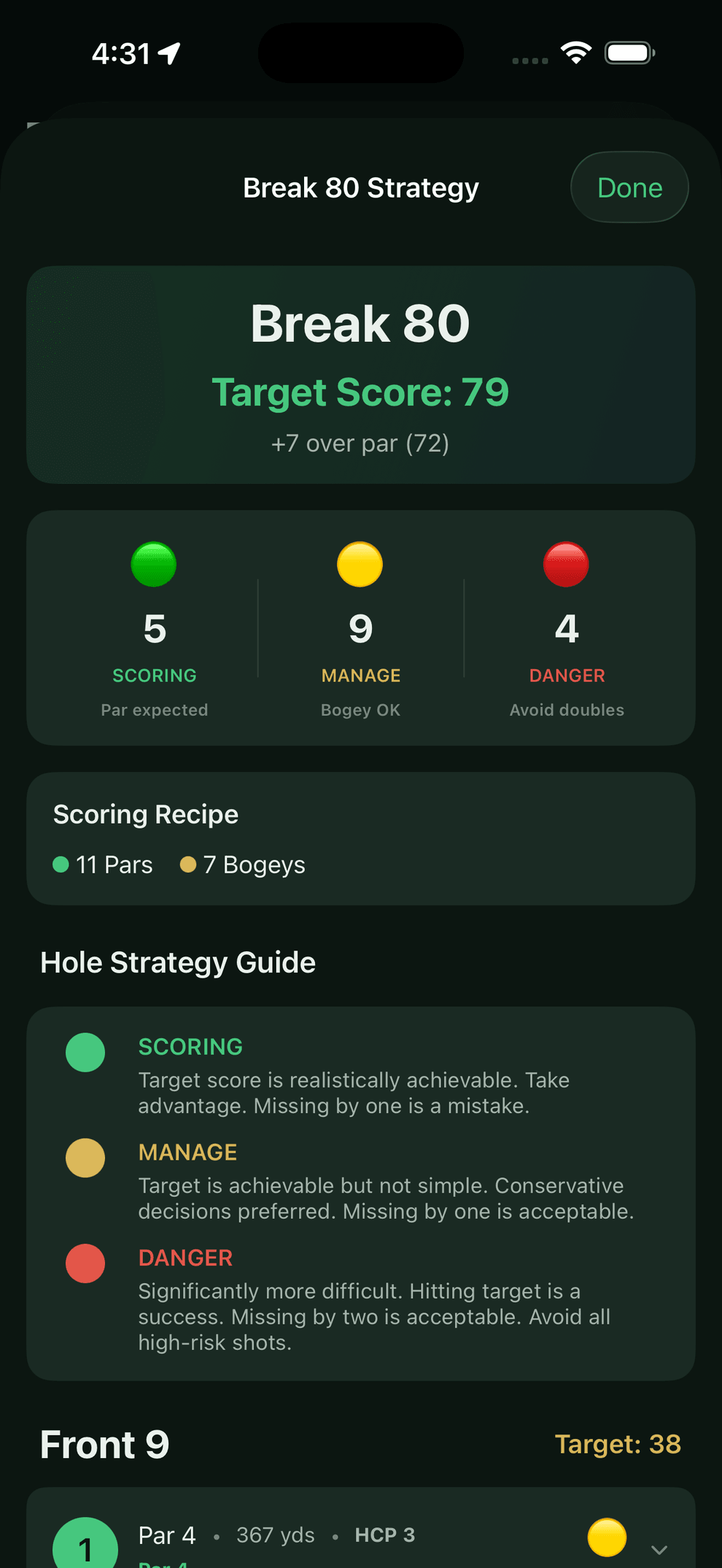 ParPath Break 80 Strategy screen. A hero card reads Break 80, Target Score 79, plus 7 over par (72). Below it a traffic-light row shows a green dot with 5 SCORING and the label Par expected, a yellow dot with 9 MANAGE and Bogey OK, and a red dot with 4 DANGER and Avoid doubles. A Scoring Recipe card reads 11 Pars, 7 Bogeys, followed by a Hole Strategy Guide defining SCORING, MANAGE and DANGER.