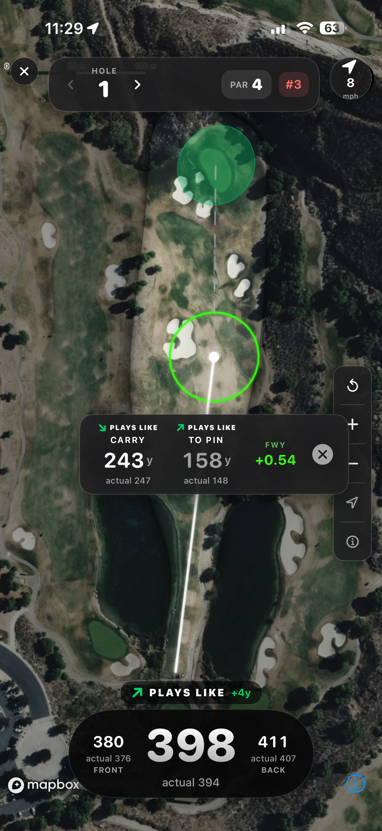 Satellite GPS hole map of hole 1, par 4, handicap 3, wind 8 mph. A white aim line runs from the tee through a green target ring on the fairway to the green. A card in the middle reads PLAYS LIKE CARRY 243 yards with actual 247 below it, PLAYS LIKE TO PIN 158 yards with actual 148 below it, and FWY plus 0.54. A PLAYS LIKE plus 4 yards pill sits above the bottom distance bar showing FRONT 380 actual 376, 398 actual 394, BACK 411 actual 407.