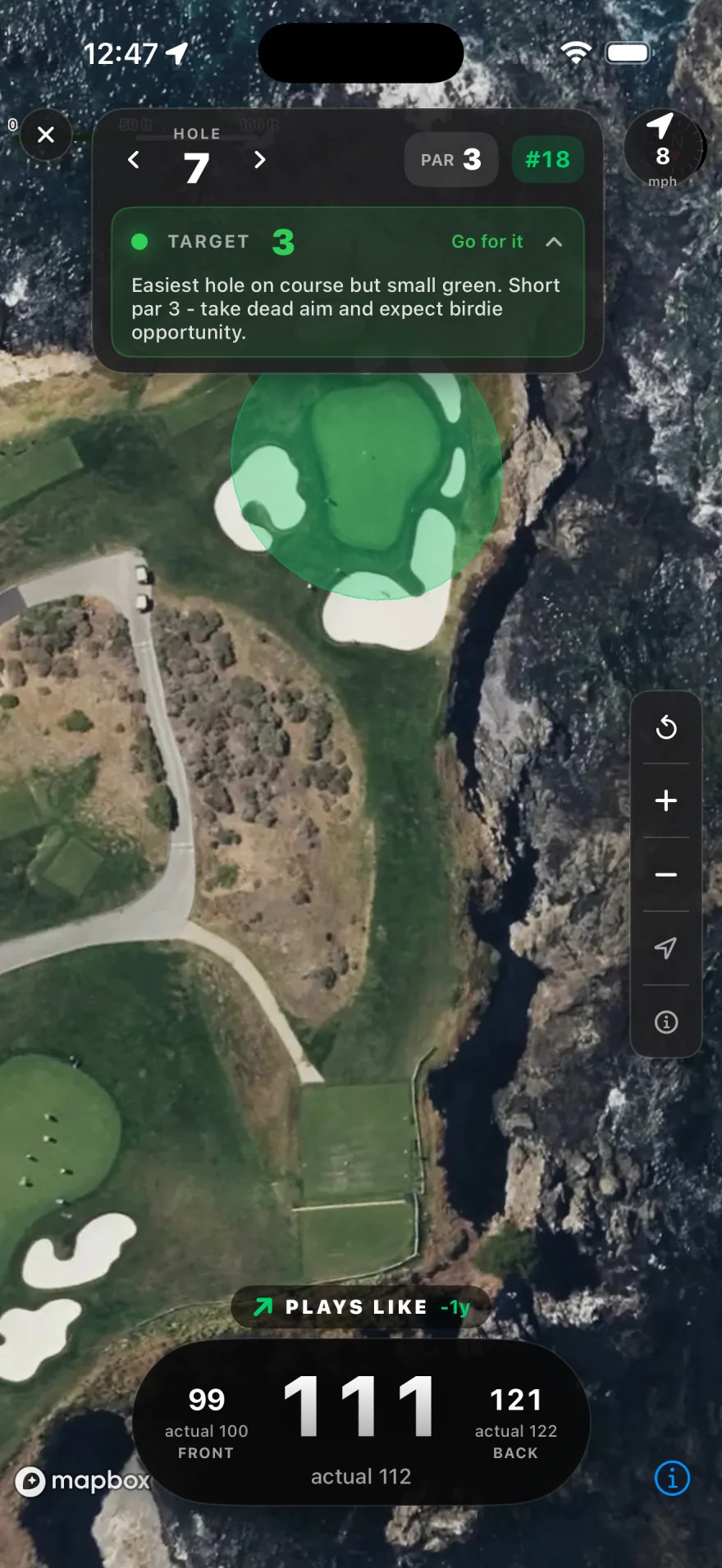 ParPath during a round: a satellite view of hole 7, a par 3, with a target score score of 3, playing 111 yards to the middle of the green, 99 to the front and 121 to the back.
