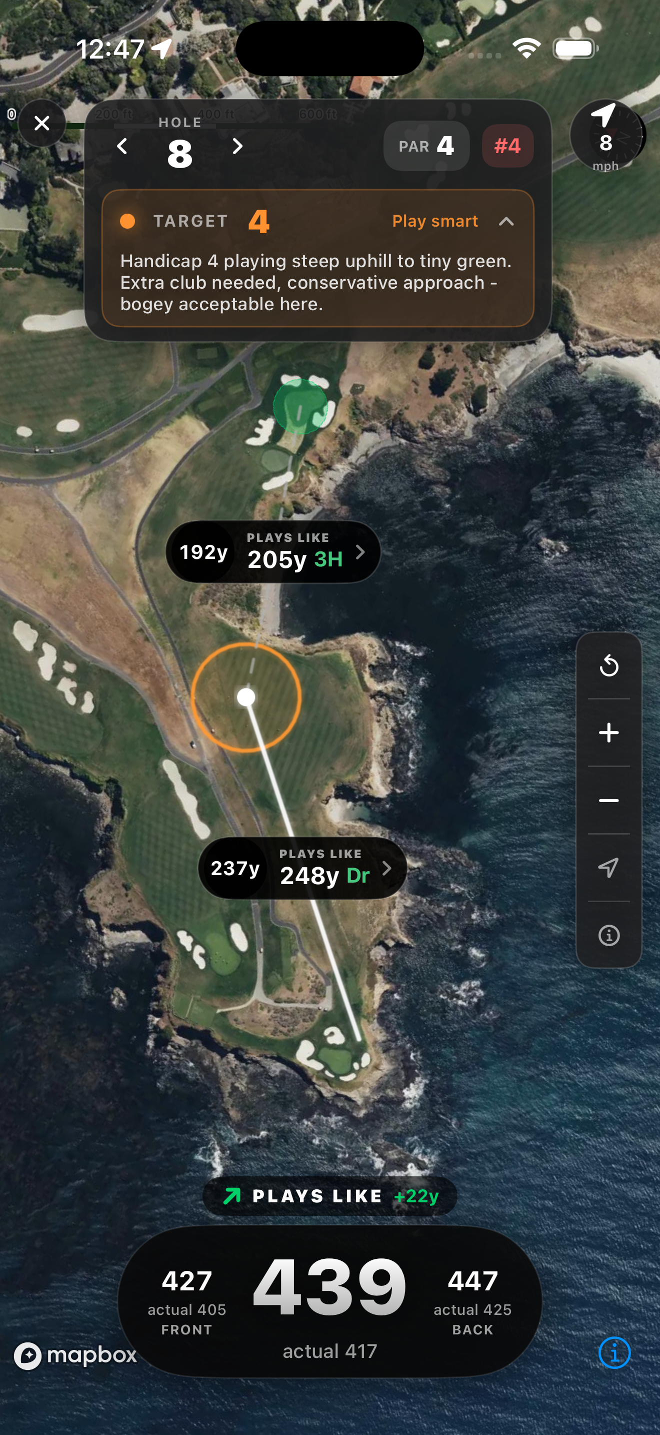 GPS hole map with a manage target and plays-like yardages on every shot
