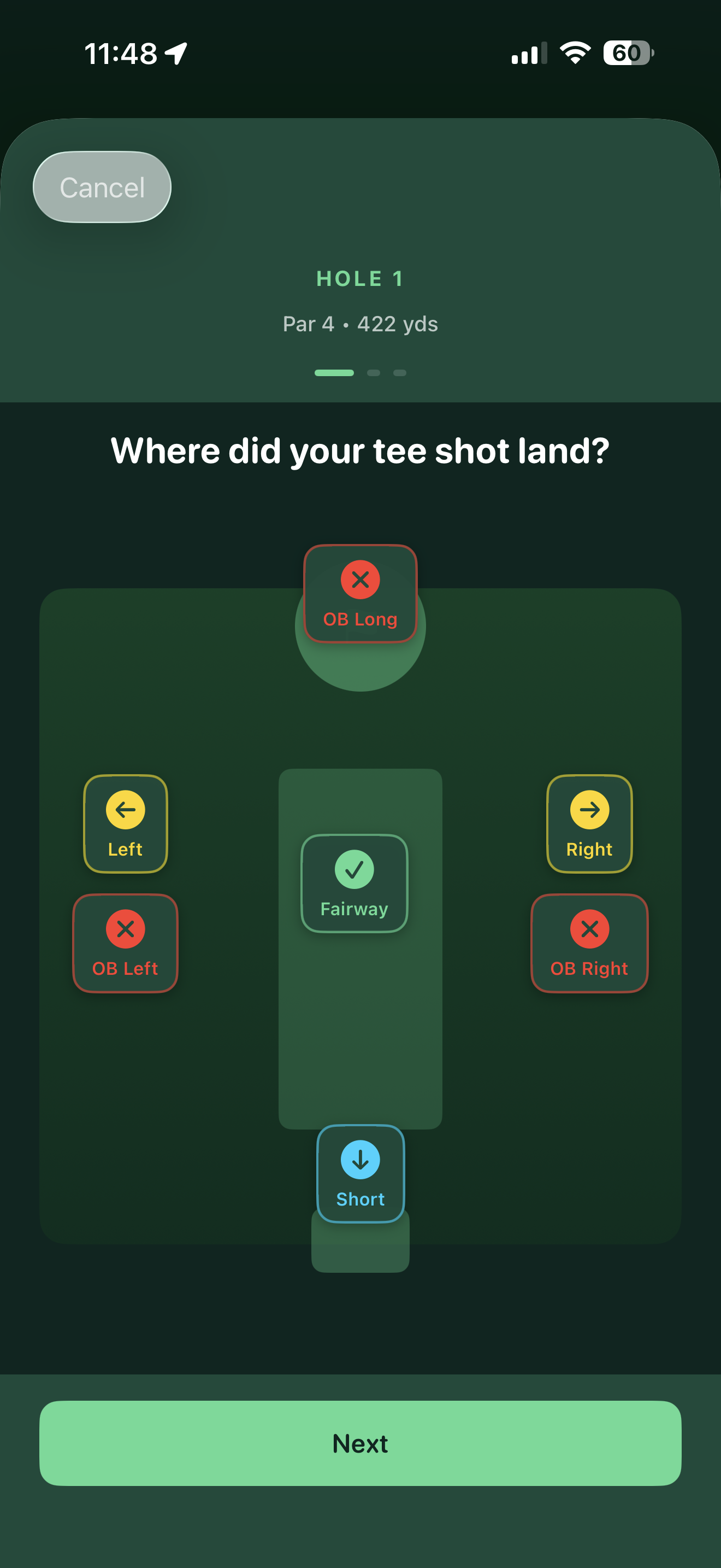 ParPath tee shot entry screen for Hole 1, Par 4, 422 yards, step one of three. The question reads Where did your tee shot land, over a stylised top-down fairway diagram. A green Fairway target with a check sits in the middle, yellow Left and Right arrow cards flank it, red OB Left, OB Right and OB Long cards sit outside those, and a blue Short card sits below the fairway. A green Next button spans the bottom.