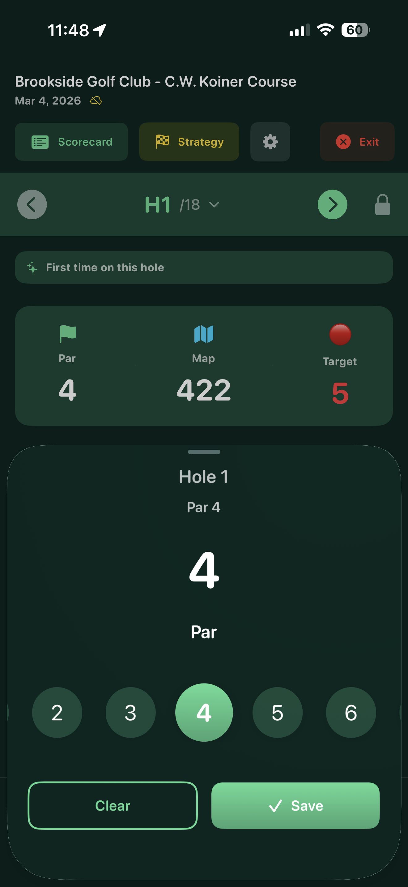 ParPath active round screen for Brookside Golf Club C.W. Koiner Course. A header row shows Scorecard, Strategy, settings and Exit buttons, then hole H1 of 18. A card reads Par 4, Map 422 yards, Target 5 with a red dot. Below, a score sheet titled Hole 1, Par 4 shows a large 4 labelled Par over a row of round buttons 2, 3, 4, 5 and 6 with 4 highlighted green, and Clear and Save buttons.