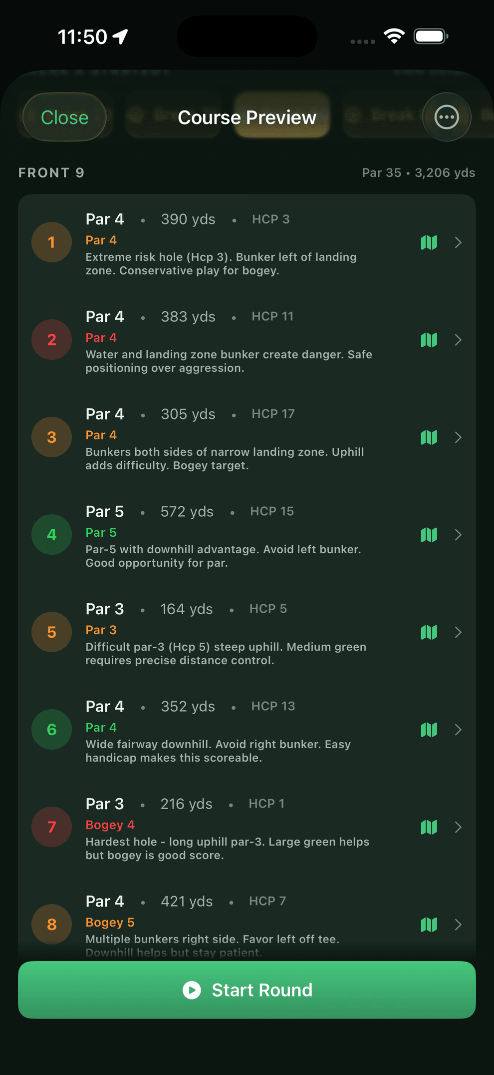 ParPath course preview, the front nine as a scrollable list. The header reads FRONT 9, Par 35, 3,206 yards. Each hole shows its par, yardage and stroke index, a coloured target score and a one-line note. Hole 1, par 4, 390 yards, index 3, a hard hole with a bunker left of the landing zone. Hole 4, par 5, 572 yards, a downhill hole with a good chance at par. Hole 7, par 3, 216 yards, index 1, the hardest hole, targeted at bogey. A green Start Round button sits at the bottom.